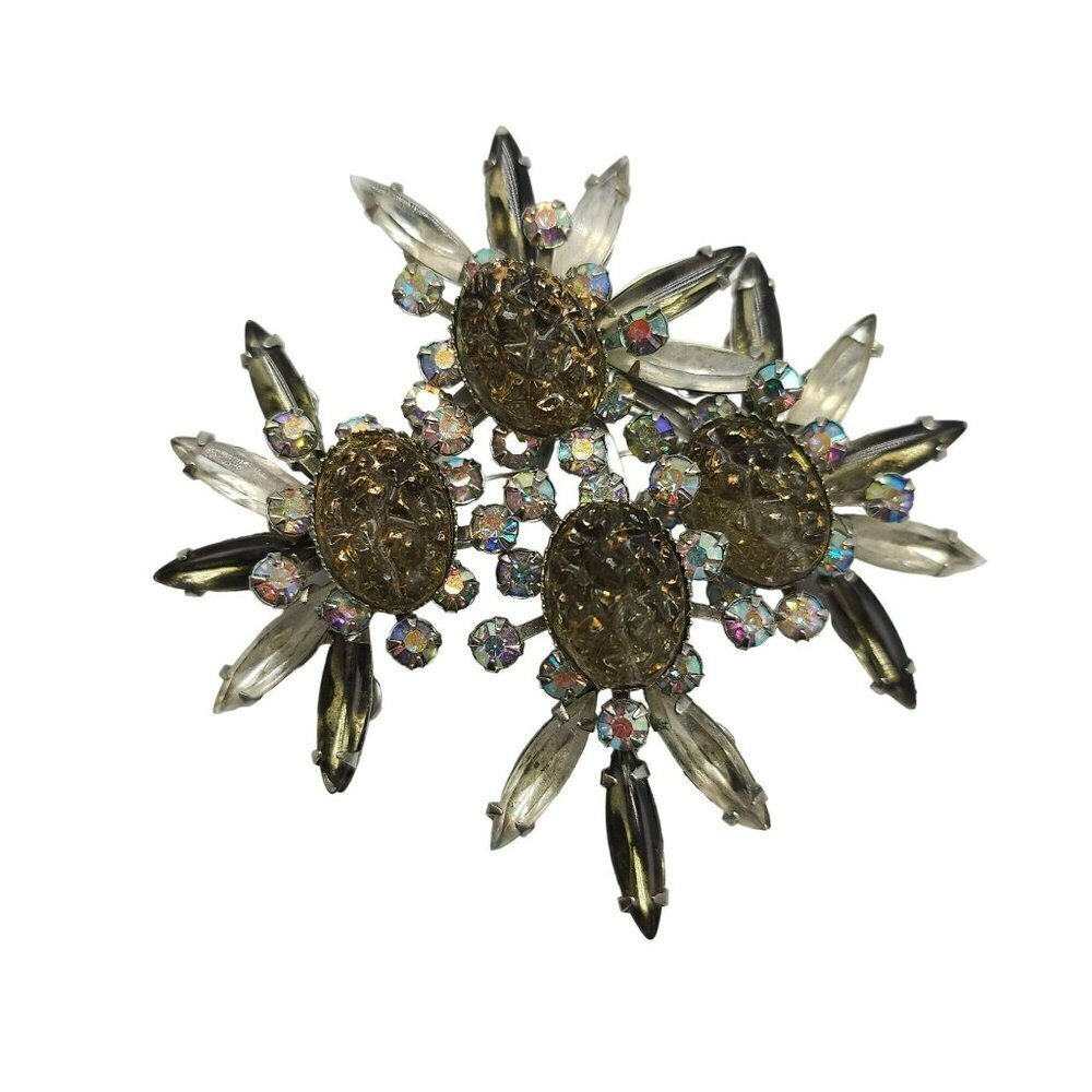 Vintage Molded Black Lava Stone Brooch Navettes Rhinestone Unsigned Judy Lee